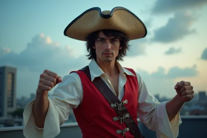 Cosplayeur déguisé en Luffy de One Piece sur un toit urbain au crépuscule, posture déterminée avec chapeau de paille