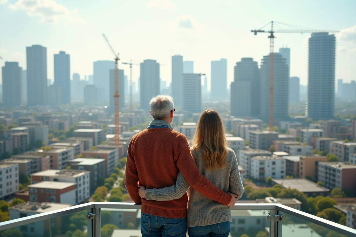 Couple regardant la ville depuis un balcon urbain