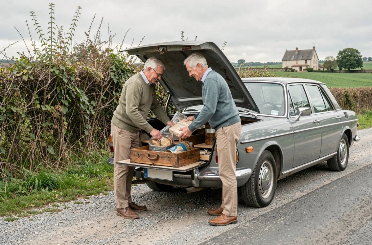 Couple chargeant des objets chinés dans le coffre de leur voiture après une tournée de brocantes en campagne française
