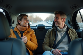 Couple d'âge moyen souriant dans une voiture au matin