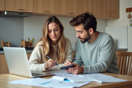 Jeune couple planifiant leurs finances avec bébé à la maison