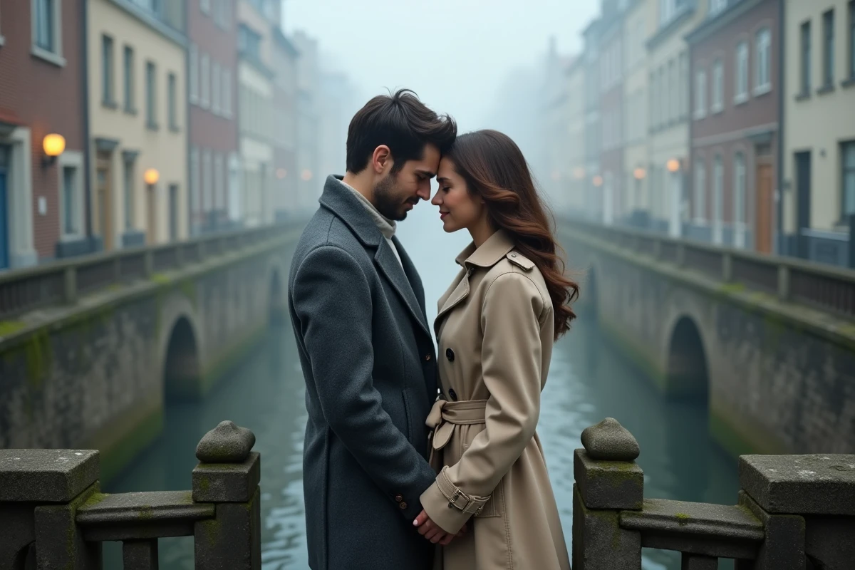 Couple sur un pont de pierre dans la brume, mains jointes, illustrant un lien karmique profond en amour