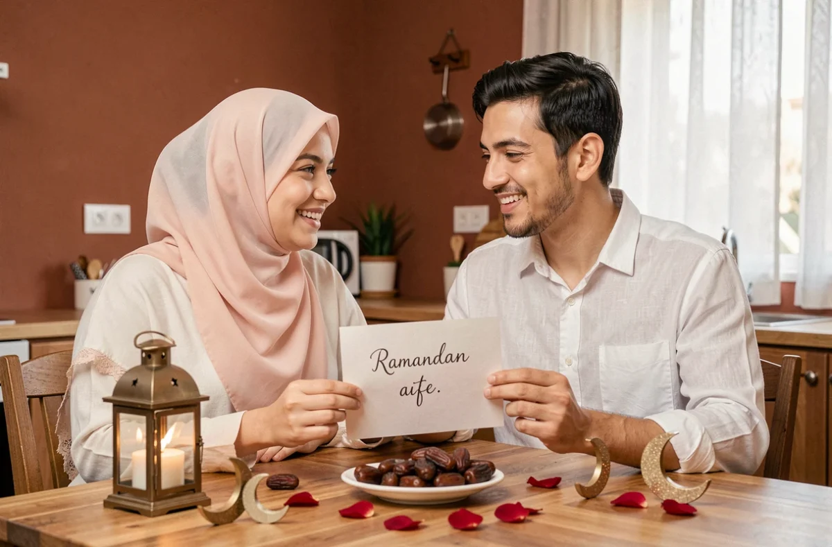 Couple musulman échangeant un message de Ramadan fait main à la maison, décoration traditionnelle avec lanterne et dattes sur table en bois