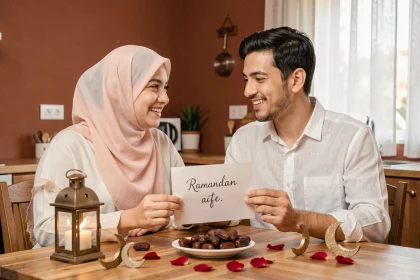Couple musulman échangeant un message de Ramadan fait main à la maison, décoration traditionnelle avec lanterne et dattes sur table en bois