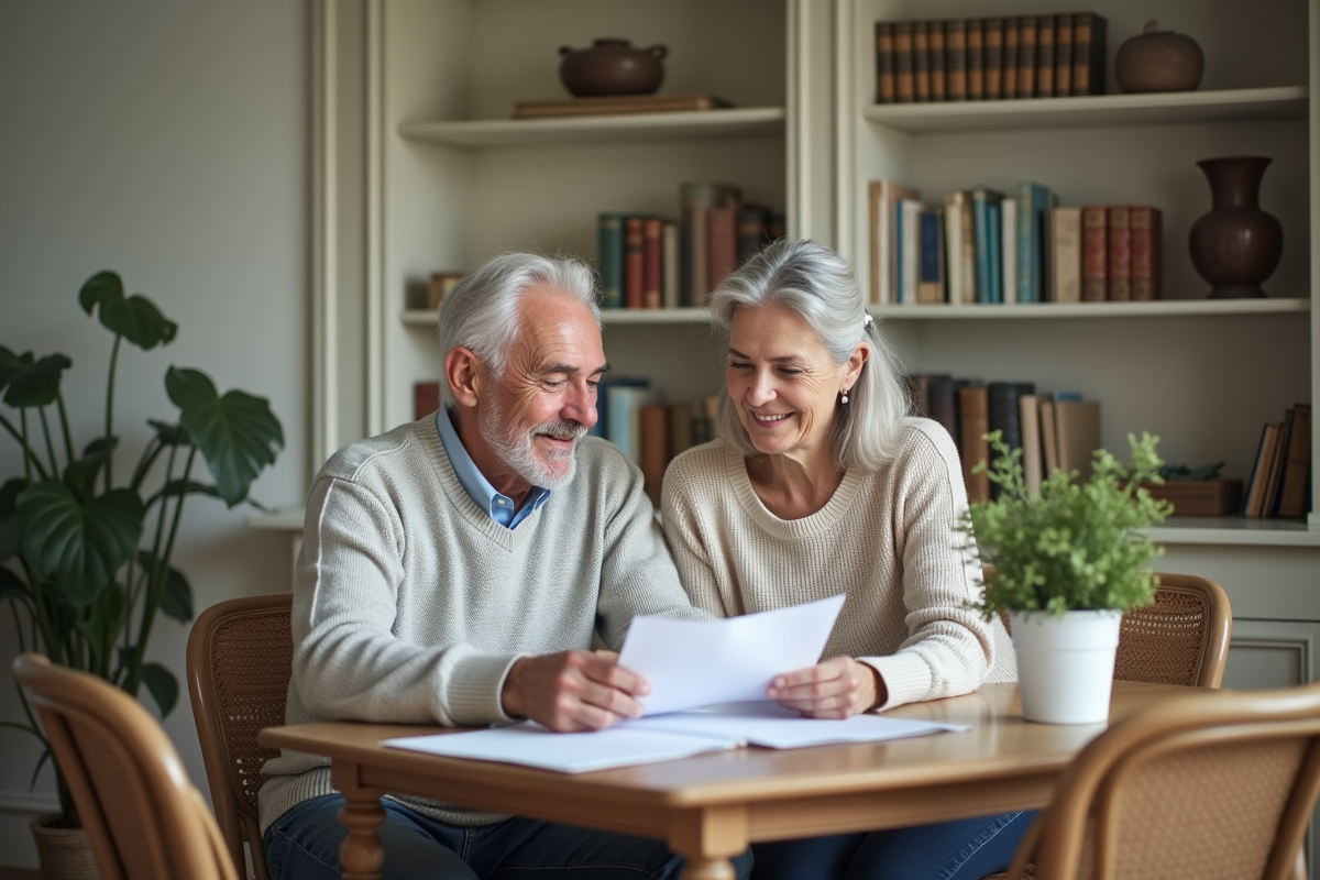 Couple retire lisant des lettres dans un salon décoré