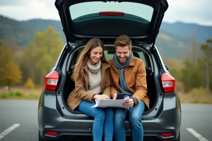 Couple souriant en voyage avec carte et smartphone en nature