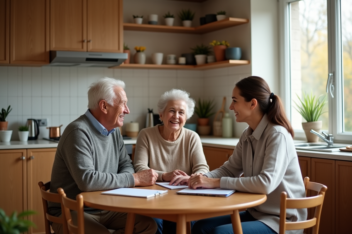 Couple senior souriant avec conseiller à la maison