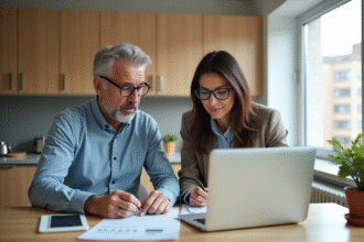 Couple en cuisine moderne travaillant sur des papiers