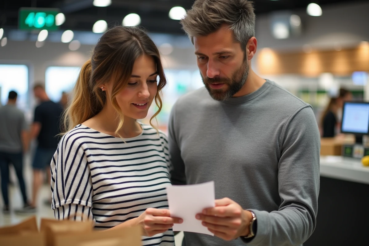Couple vérifiant leur ticket de caisse à la caisse d'un supermarché Leclerc pour contrôler le budget courses mensuel