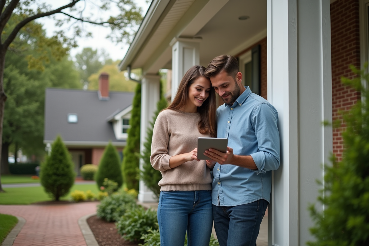 Jeune couple regardant une annonce immobiliere sur tablette