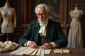 Couturier âgé dans son atelier vintage avec tissus et outils