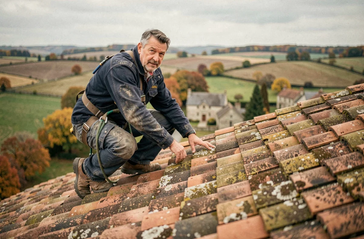 Couvreur professionnel sur un toit en tuiles avec vue sur la campagne de la Haute-Vienne