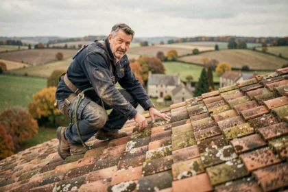 Couvreur professionnel sur un toit en tuiles avec vue sur la campagne de la Haute-Vienne