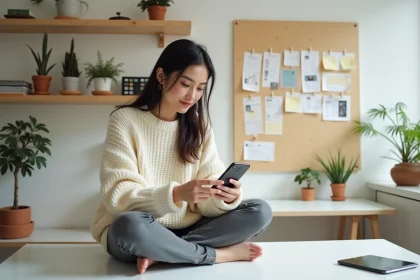 Créatrice de contenu structurant ses Instagram Stories sur smartphone dans un bureau minimaliste scandinave