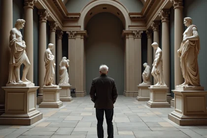 Galerie de musée classique avec sculptures grecques illustrant les figures mythologiques de la démesure : Prométhée, Sisyphe et Icare