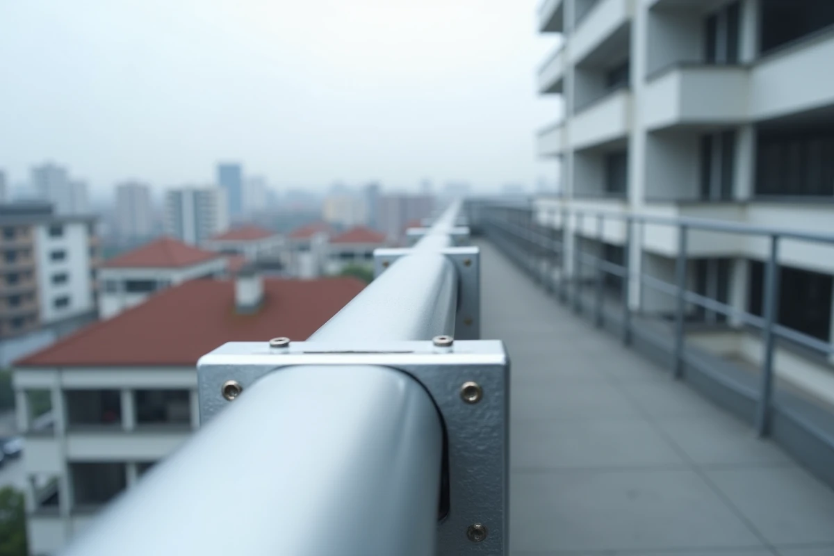 Détail de barreaux en aluminium anodisé argenté sur une rambarde de balcon d'immeuble contemporain