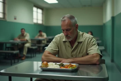 Détenu en uniforme beige mangeant un repas institutionnel dans une cantine de prison avec plateau métallique