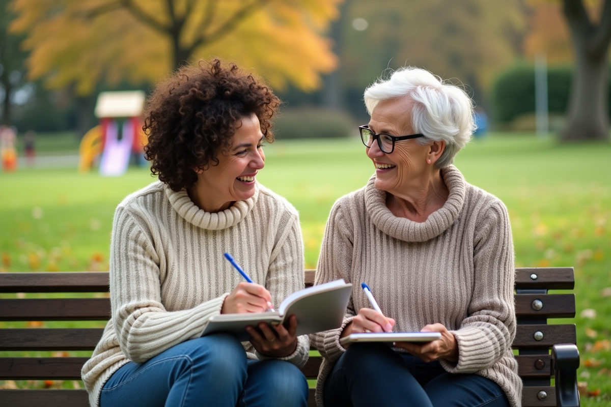 Deux femmes assises sur un banc de parc en riant ensemble
