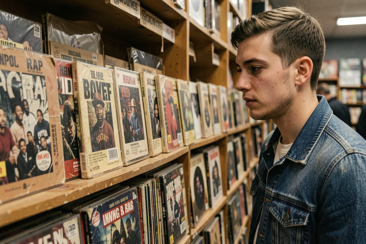 Jeune homme parcourant des albums de rap français des années 90 dans un bac de disquaire, référence à l'héritage musical du groupe 1995 et des 95 Sounds