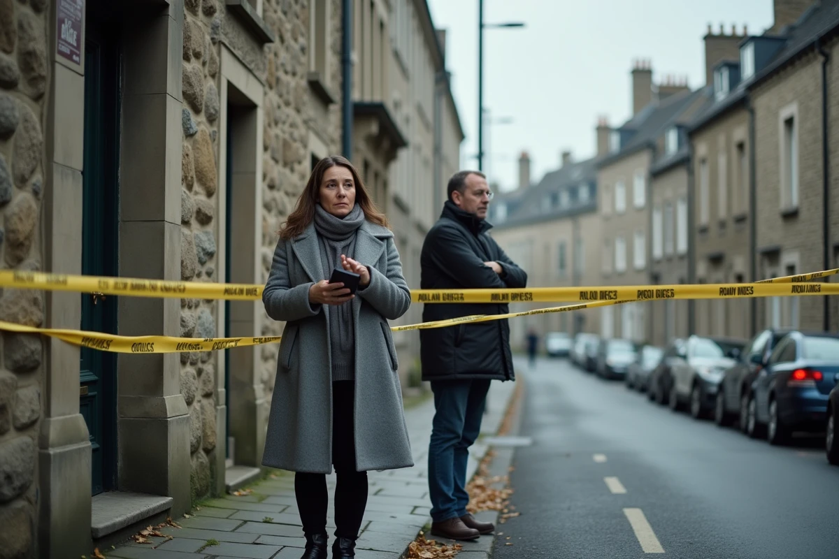 Rue résidentielle de Caen avec ruban de police et riverains sous le choc après un drame dans le quartier