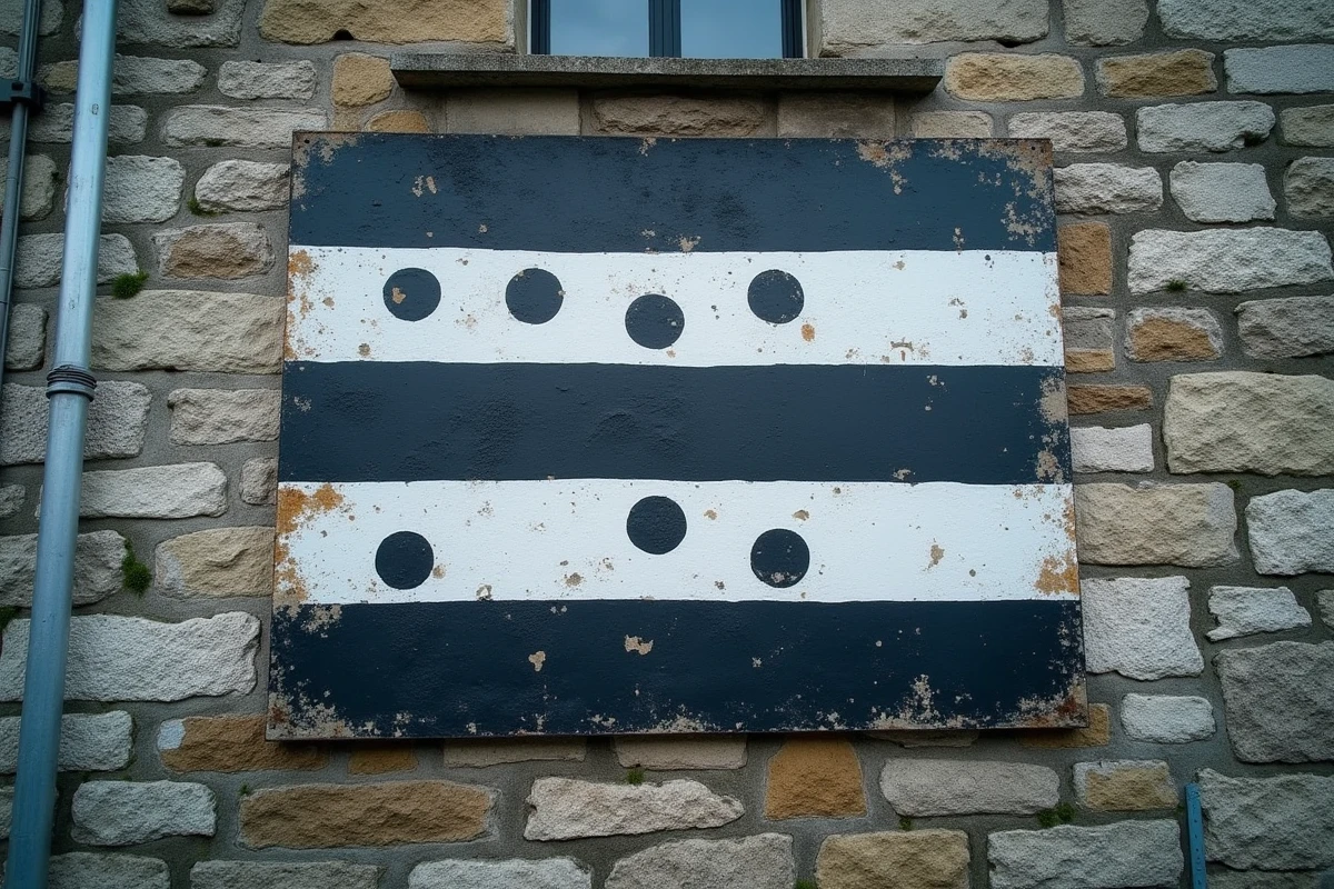 Drapeau breton Gwenn-ha-du avec les onze hermines peint sur une façade en granit breton