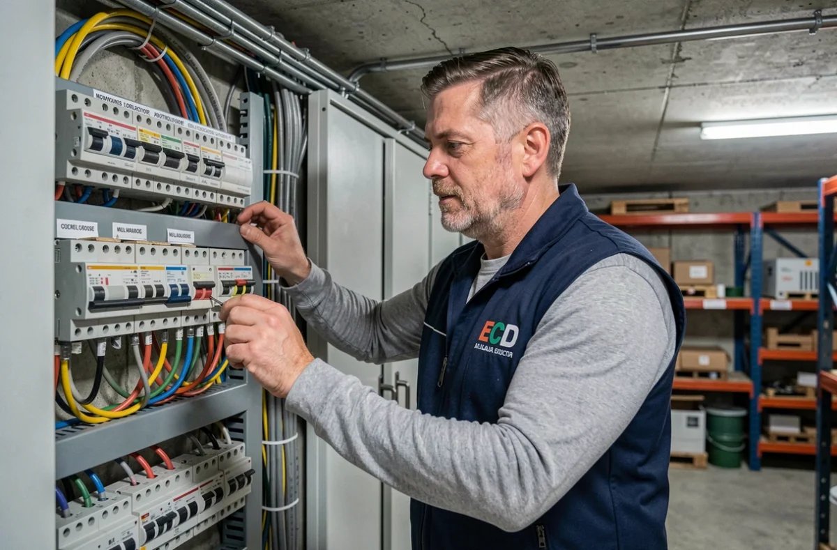 Professionnel ECD examinant un tableau de distribution dans un sous-sol commercial à Mulhouse