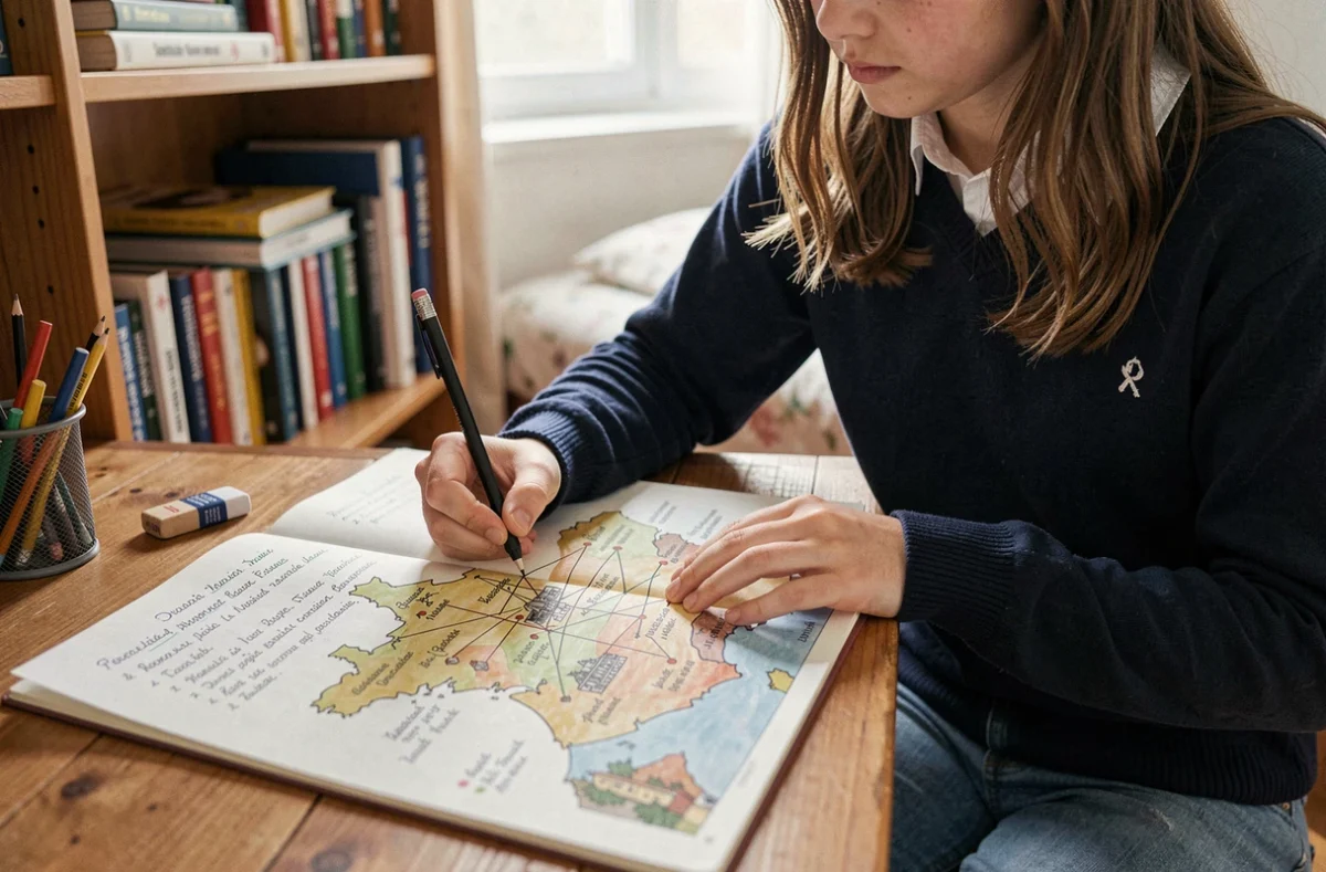 Élève reliant des rois de France à des villes et batailles sur une carte dessinée à la main dans son cahier scolaire