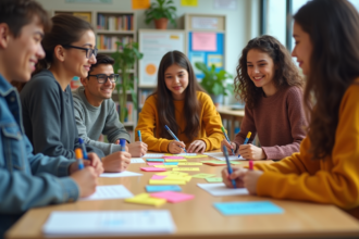 Groupe d'élèves écrivant des phrases positives en classe