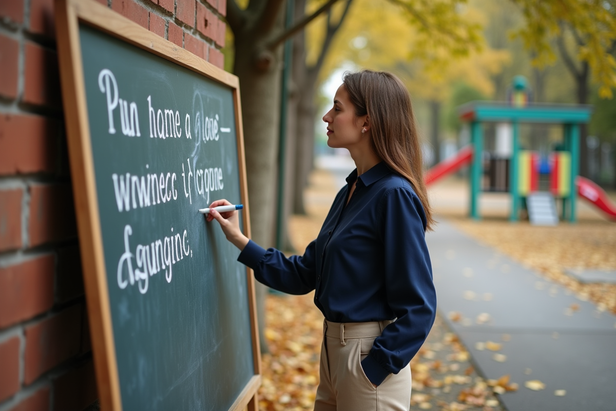 Professeure écrivant une devise éducative en extérieur