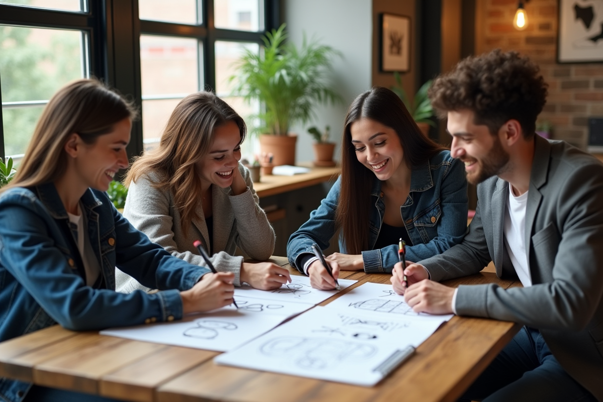 Groupe créatif en réunion partageant des idées dans un espace lumineux