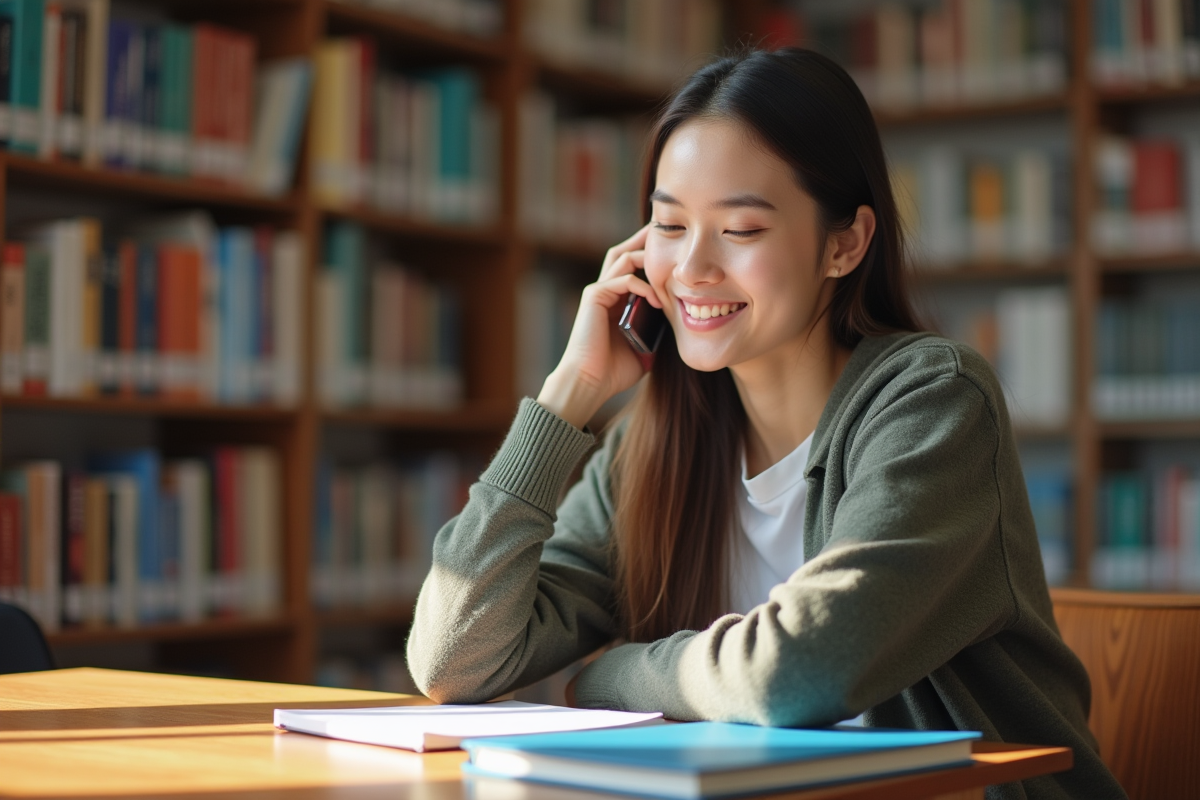 Etudiant confiant utilisant un smartphone en bibliothèque