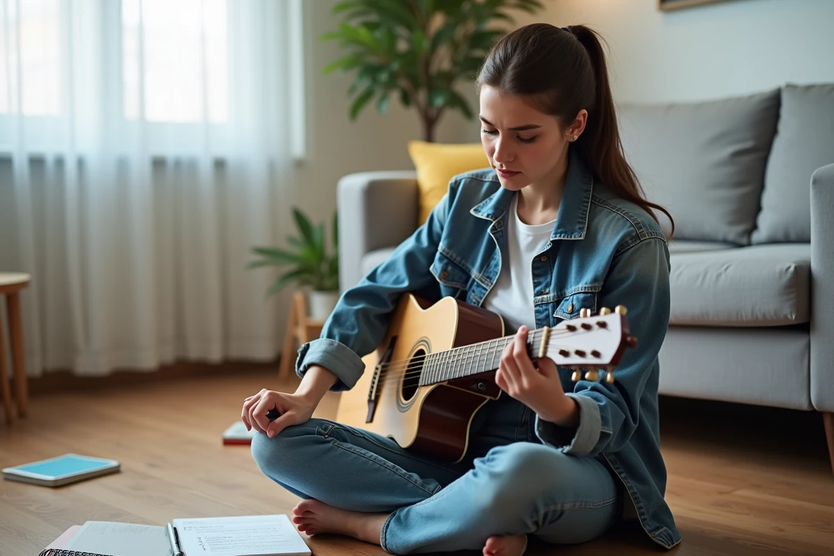 Une jeune femme évaluant une guitare acoustique d'entrée de gamme chez elle avec une liste de vérification avant achat