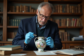 Expert en antiquites examinant un vase en émail Longwy