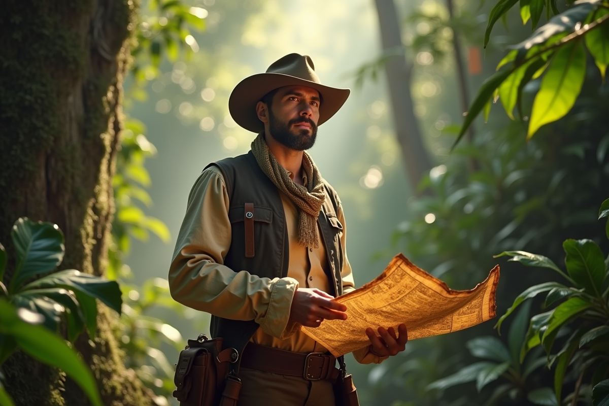 Explorateur confiant dans la jungle avec une carte ancienne