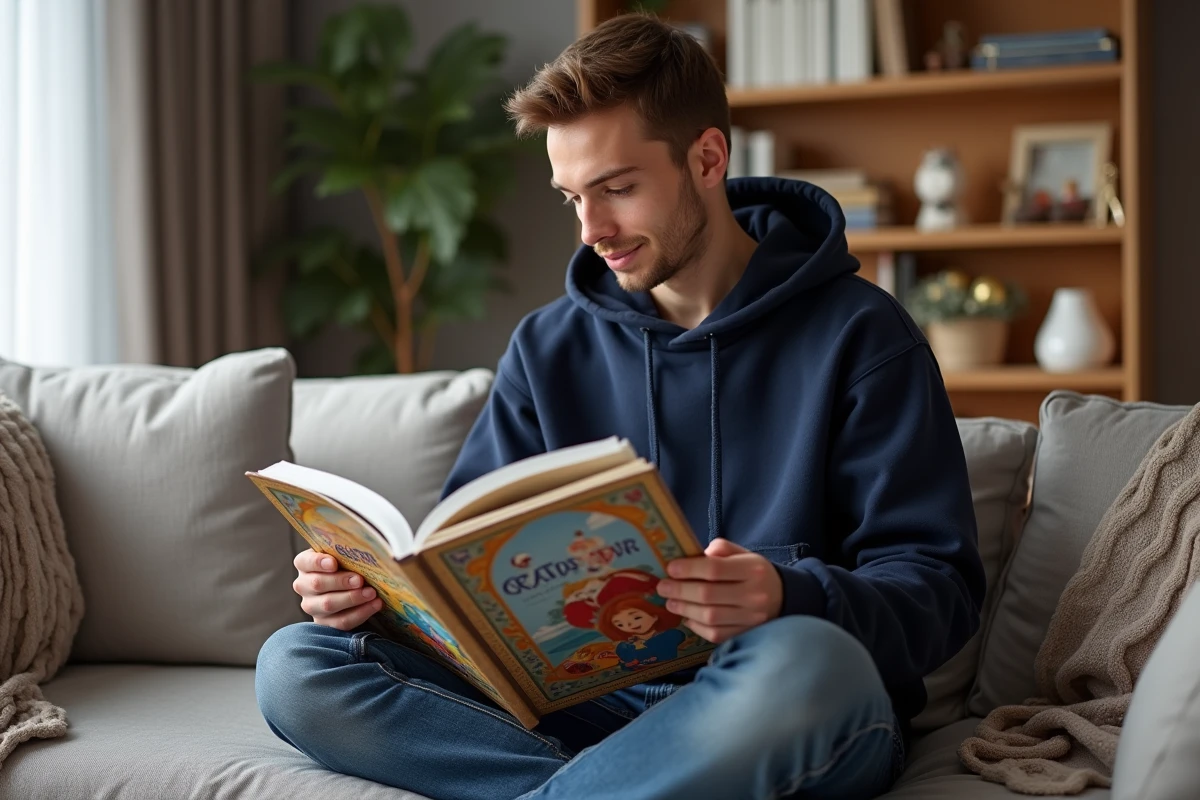 Homme consultant un livre d'art Disney sur le personnage Kristoff dans un salon moderne