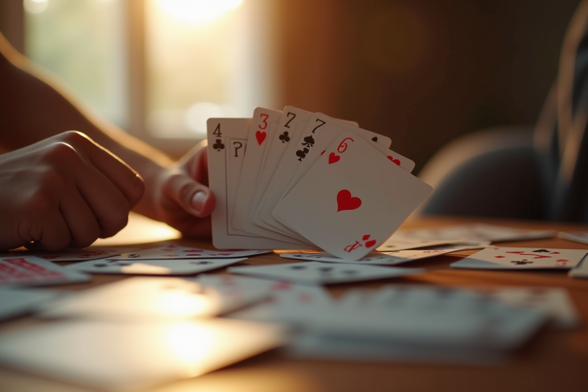 Gros plan sur des cartes SkipBo fânées dans une main