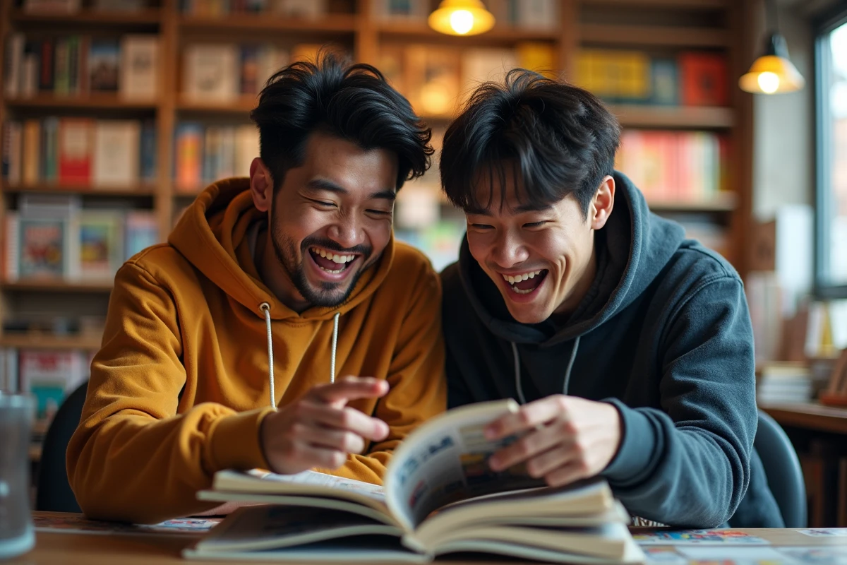 Deux fans de manga adultes discutant avec enthousiasme du scan One Piece 1149 dans une librairie de bandes dessinées