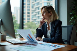 Femme d'affaires examinant des documents financiers