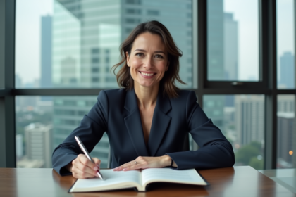 Femme d'affaires confiante en costume dans un bureau moderne