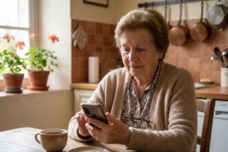 Une femme âgée utilisant un smartphone adapté aux seniors dans sa cuisine, illustrant le forfait mobile Doro Connect