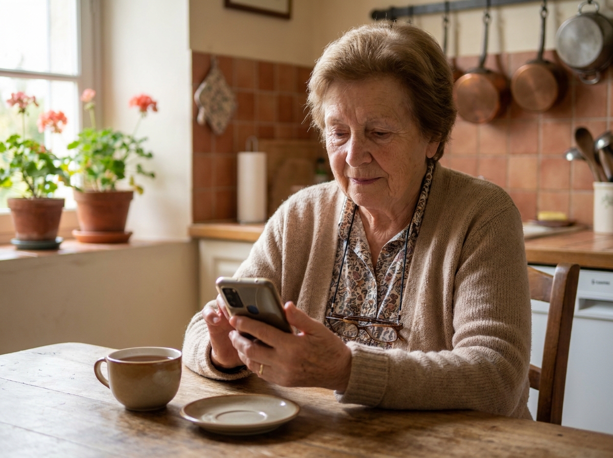 Une femme âgée utilisant un smartphone adapté aux seniors dans sa cuisine, illustrant le forfait mobile Doro Connect
