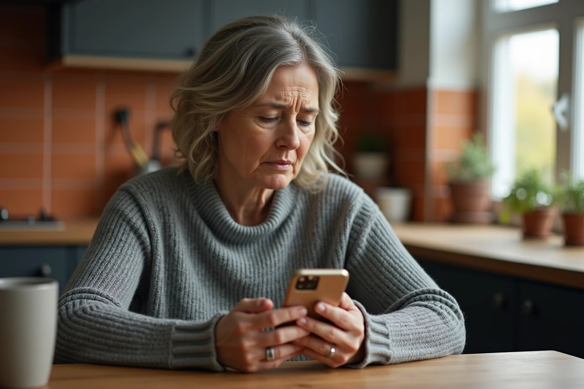 Femme recevant un appel téléphonique inconnu en 02 70 dans sa cuisine avec une expression d'agacement