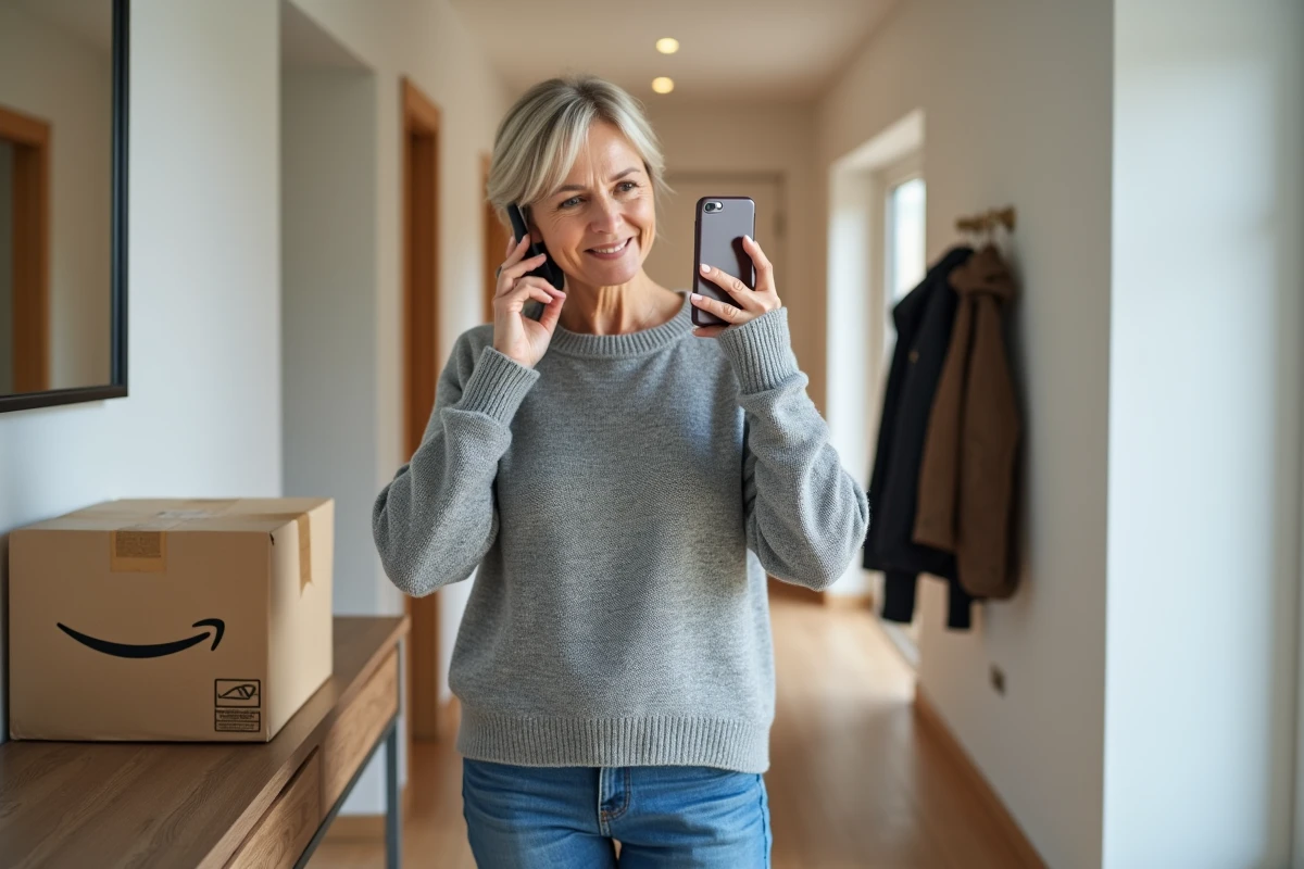 Femme appelant le service de livraison Amazon depuis son appartement après réception d'un colis