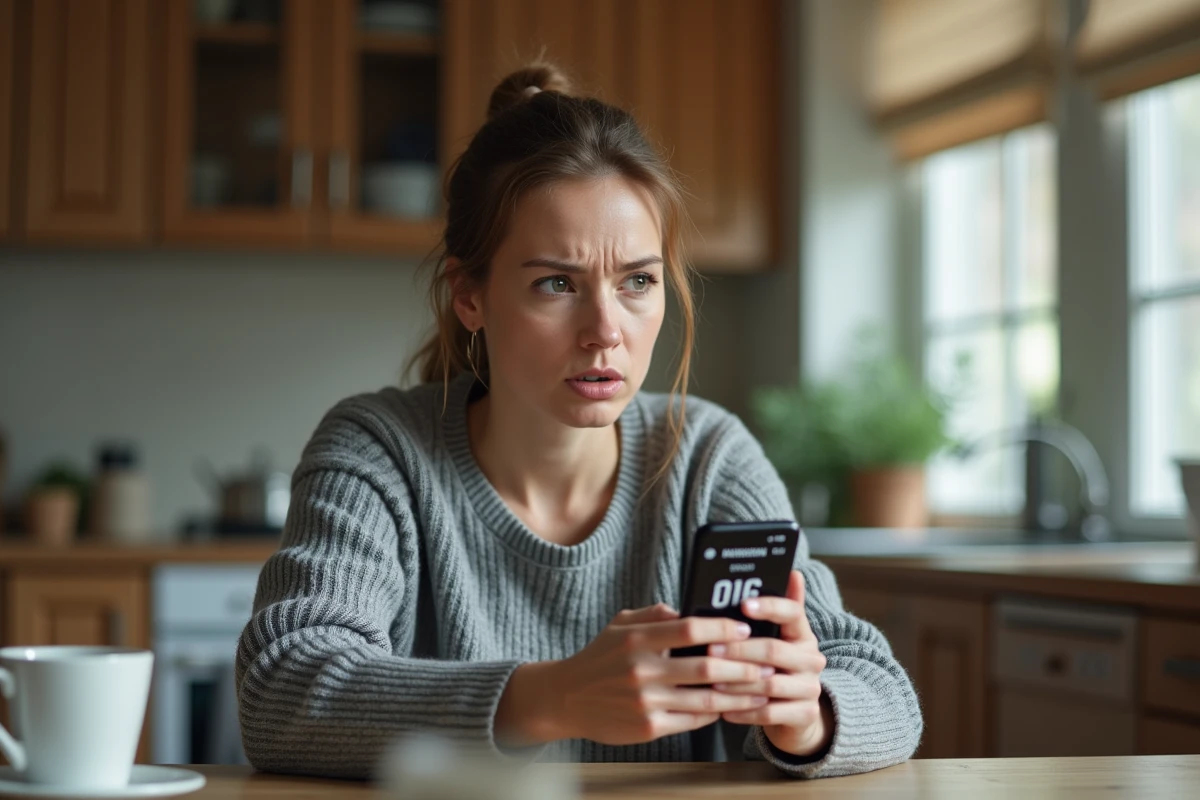 Femme inquiète consultant son smartphone pour identifier un appel suspect d'un numéro 06 inconnu