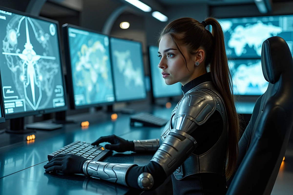 Jeune femme en armure moderne dans centre hightech