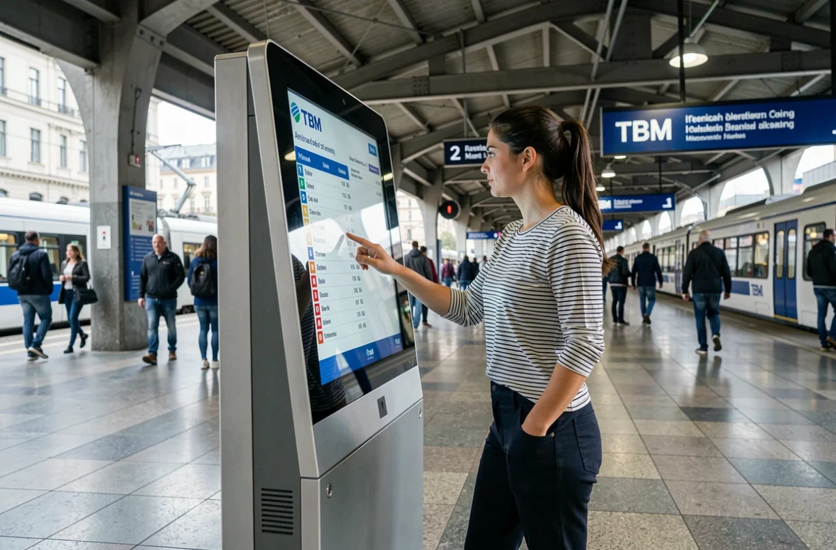 Femme utilisant une borne interactive TBM pour consulter les horaires du tram A dans une station de Bordeaux