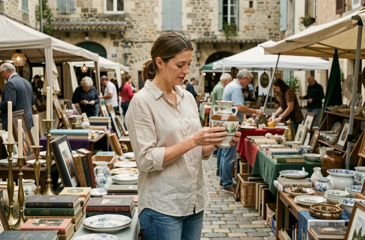 Femme explorant un vase vintage sur un stand de brocante dans une place de village français pavée