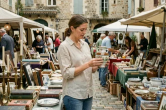 Femme explorant un vase vintage sur un stand de brocante dans une place de village français pavée