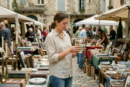 Femme explorant un vase vintage sur un stand de brocante dans une place de village français pavée