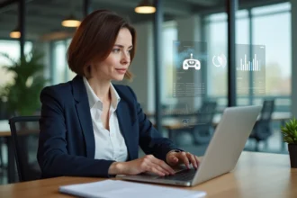 Femme d'âge moyen au bureau avec ordinateur et graphiques